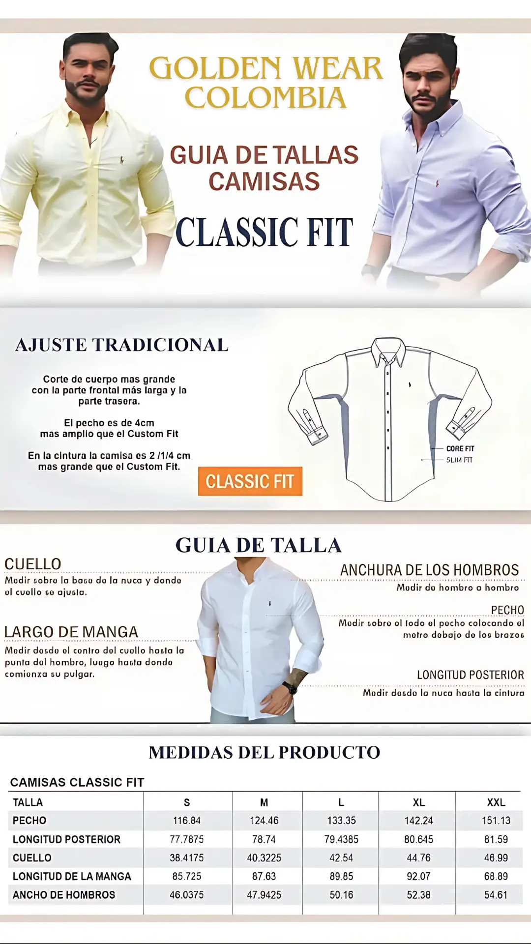 TALLAS CAMISAS HOMBRE GOLDEN WEAR COLOMBIA