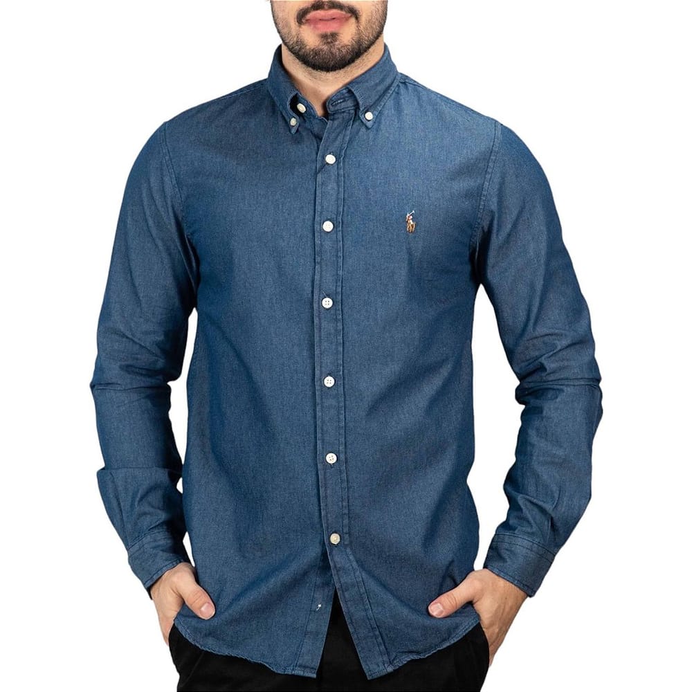 Camisa Hombre Jean Indigo Oscuro Polo Ralph Lauren Manga Larga 100% Algodon - Golden Wear Colombia