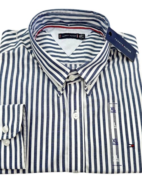 Camisa Hombre Rayas Azul Oscuro Tommy Hilfiger Manga Larga 100% Algodon - Golden Wear Colombia