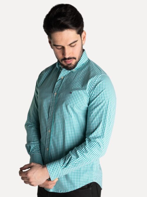 Camisa Hombre Tommy Hilfiger Cuadros Aguamarina Manga Larga 100% algodon Golden Wear Colombia