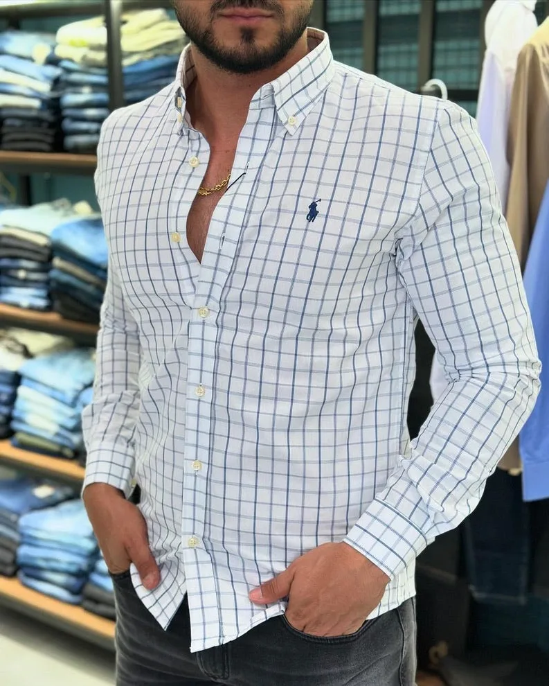 Camisa Hombre a Cuadros Blancos Manga Larga Polo Ralph Lauren 100% Algodon - Golden Wear Colombia