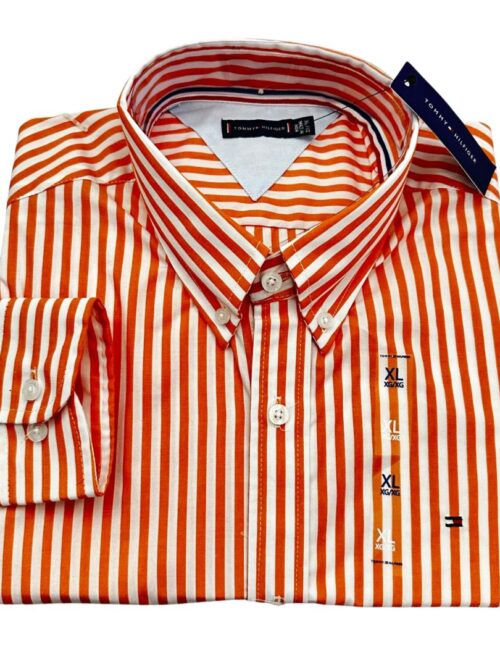 Camisa Hombre rayas Naranjas Tommy Hilfiger Manga Larga 100% Algodón - Golden Wear Colombia