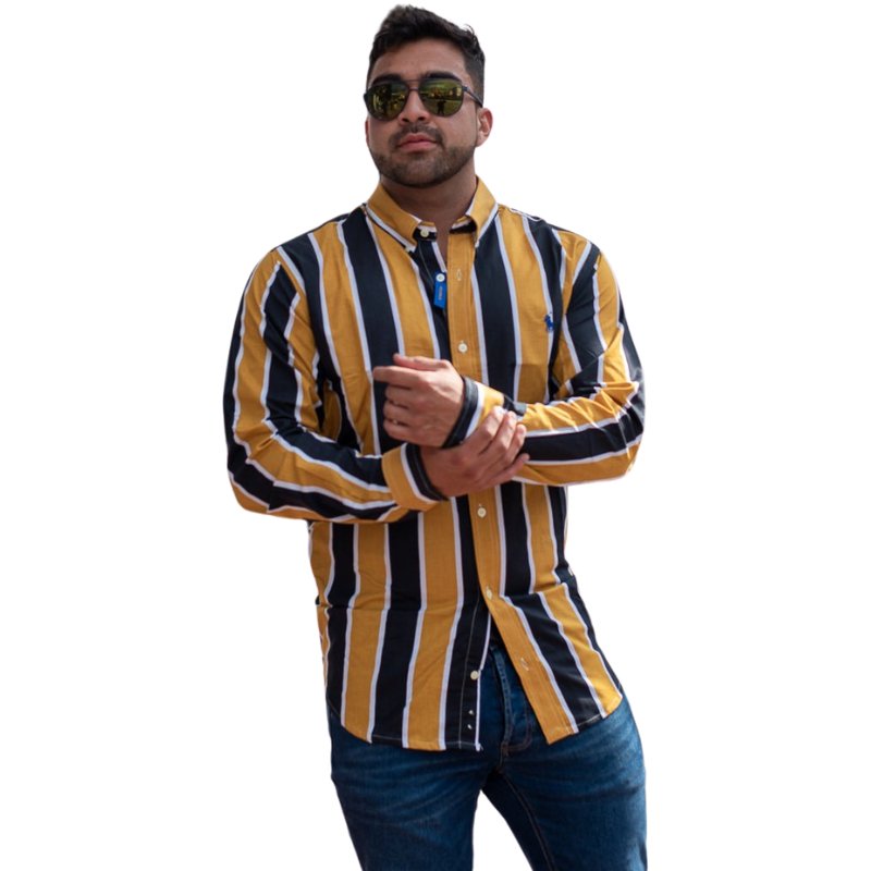 Camisa Hombre Rayas Mostaza Combinadas