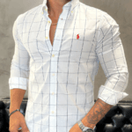 Camisa Hombre a Cuadros Blancos Grande Manga Larga