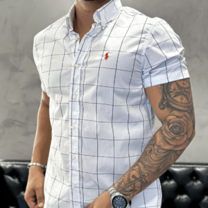 Camisa Hombre a Cuadros Blancos Grande Manga Corta