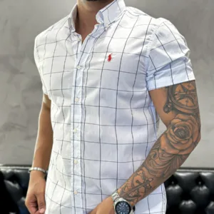 Camisa Hombre a Cuadros Blancos Grande Manga Corta<span> - </span>S