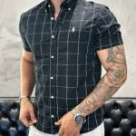 Camisa Hombre a Cuadros Negros Grande Manga Corta