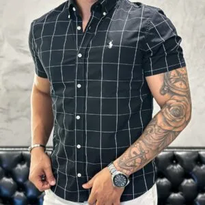 Camisa Hombre a Cuadros Negros Grande Manga Corta<span> - </span>M