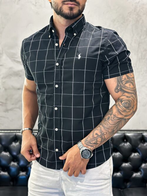Camisa Hombre a Cuadros Negros Grande Manga Corta