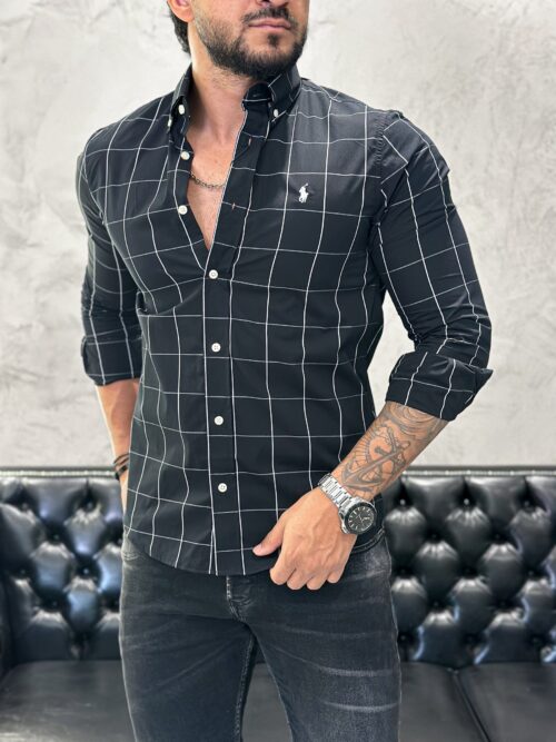 Camisa Hombre a Cuadros Negros Grande Manga Larga
