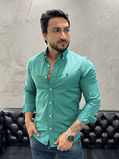 Camisa Hombre Micro Cuadros Verdes